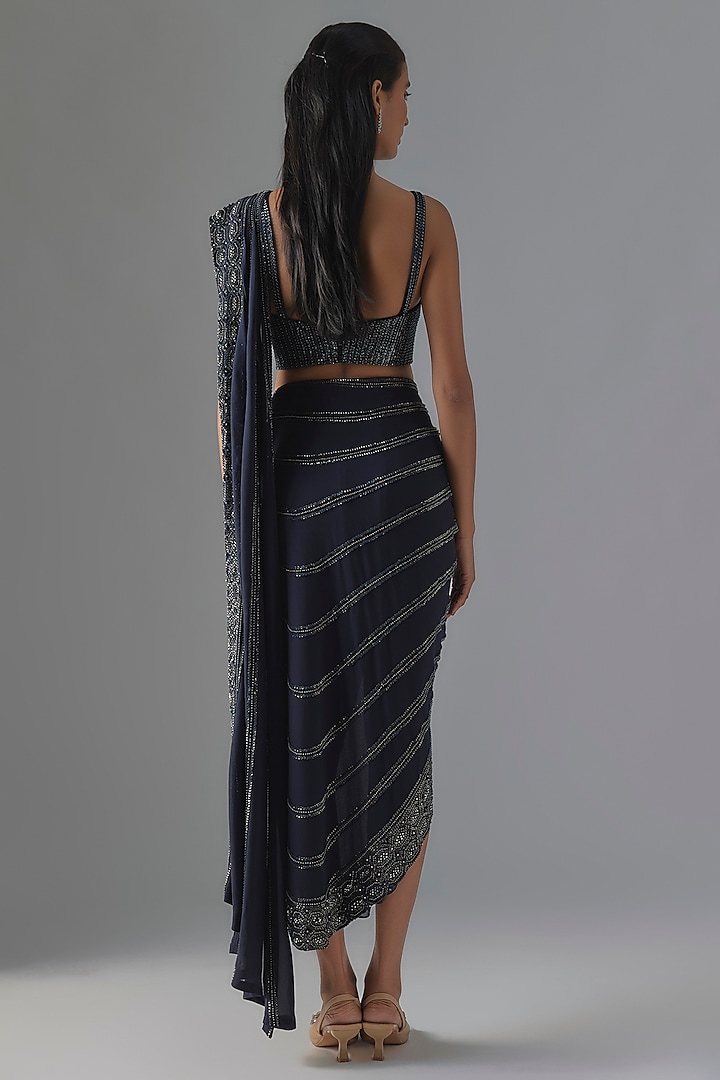 Navy Blue Tulle Embroidered Bridal Saree Set by Rohit Gandhi & Rahul Khanna at Pernia's Pop Up Shop