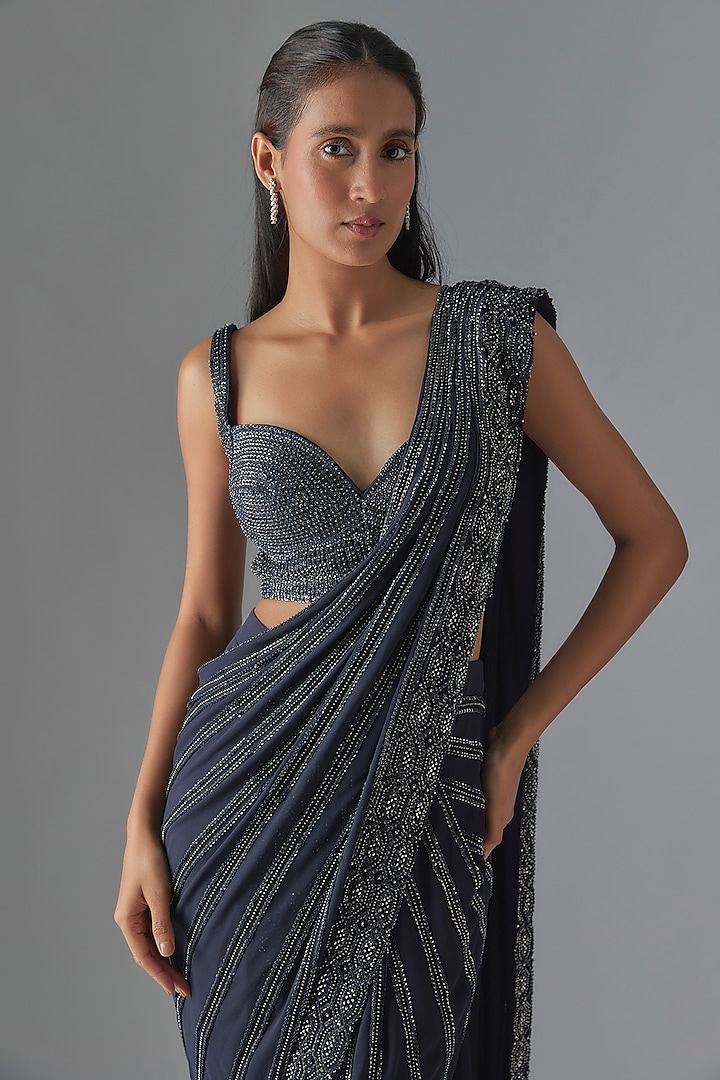 Navy Blue Tulle Embroidered Bridal Saree Set by Rohit Gandhi & Rahul Khanna at Pernia's Pop Up Shop