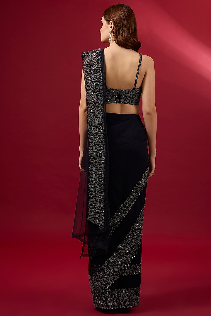Navy Blue Tulle Embroidered Bridal Saree Set by Rohit Gandhi & Rahul Khanna at Pernia's Pop Up Shop