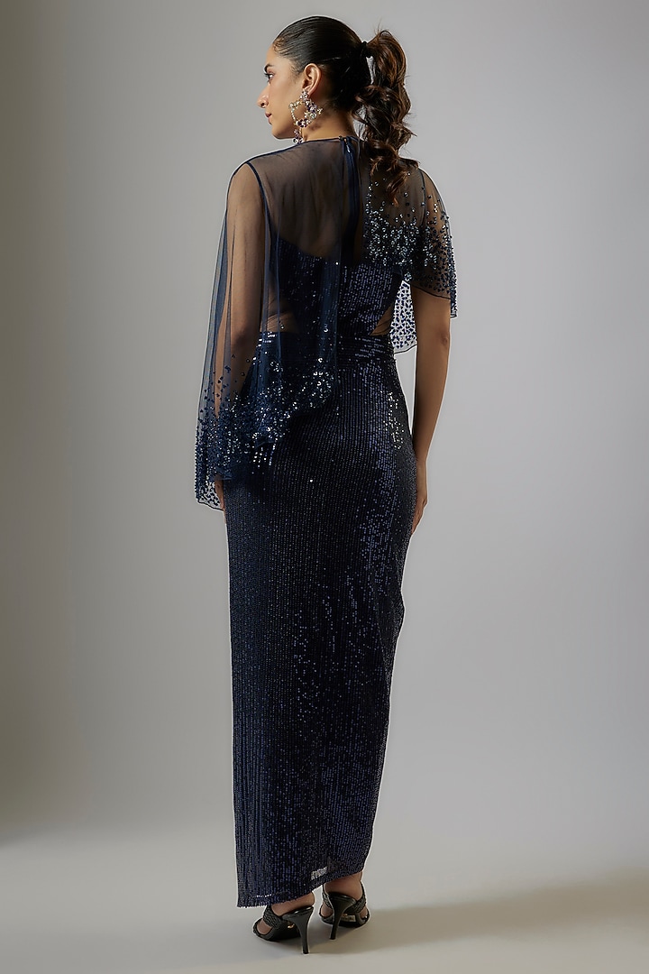 Pacific Blue Tulle Draped Reception Saree Set by Rohit Gandhi & Rahul Khanna at Pernia's Pop Up Shop