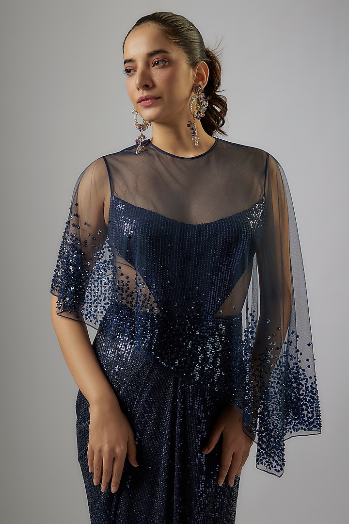 Pacific Blue Tulle Draped Reception Saree Set by Rohit Gandhi & Rahul Khanna at Pernia's Pop Up Shop