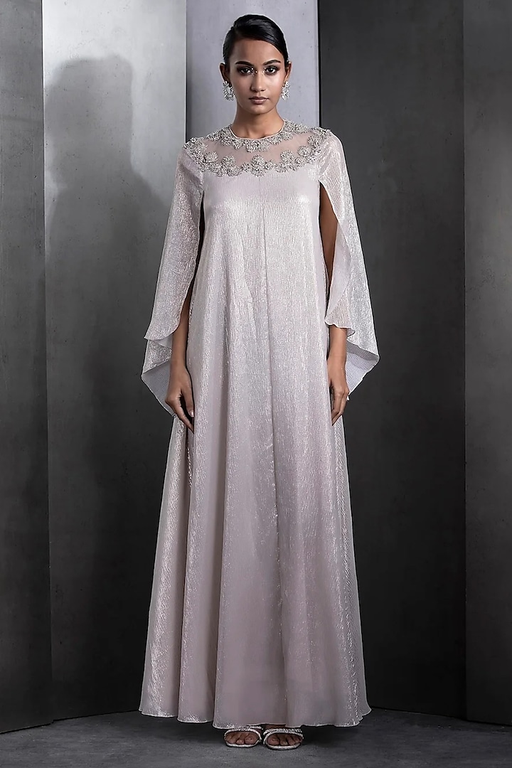 Dove Colored Shimmer Crinkle Chiffon Embellished Kaftan by Rohit Gandhi & Rahul Khanna at Pernia's Pop Up Shop