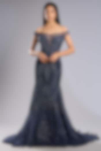 Navy Blue Tulle Sequins Embellished Off-Shoulder Bridal Gown by Rohit Gandhi & Rahul Khanna at Pernia's Pop Up Shop