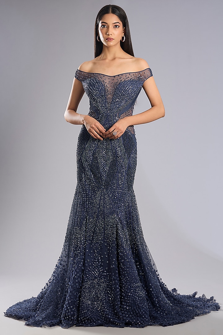Navy Blue Tulle Sequins Embellished Off-Shoulder Bridal Gown by Rohit Gandhi & Rahul Khanna at Pernia's Pop Up Shop