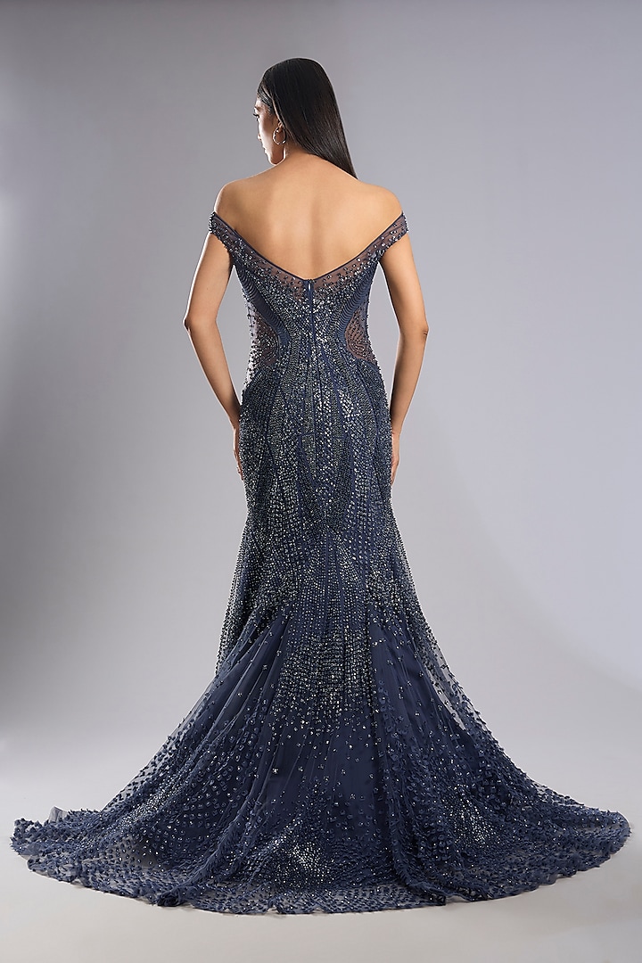 Navy Blue Tulle Sequins Embellished Off-Shoulder Bridal Gown by Rohit Gandhi & Rahul Khanna at Pernia's Pop Up Shop