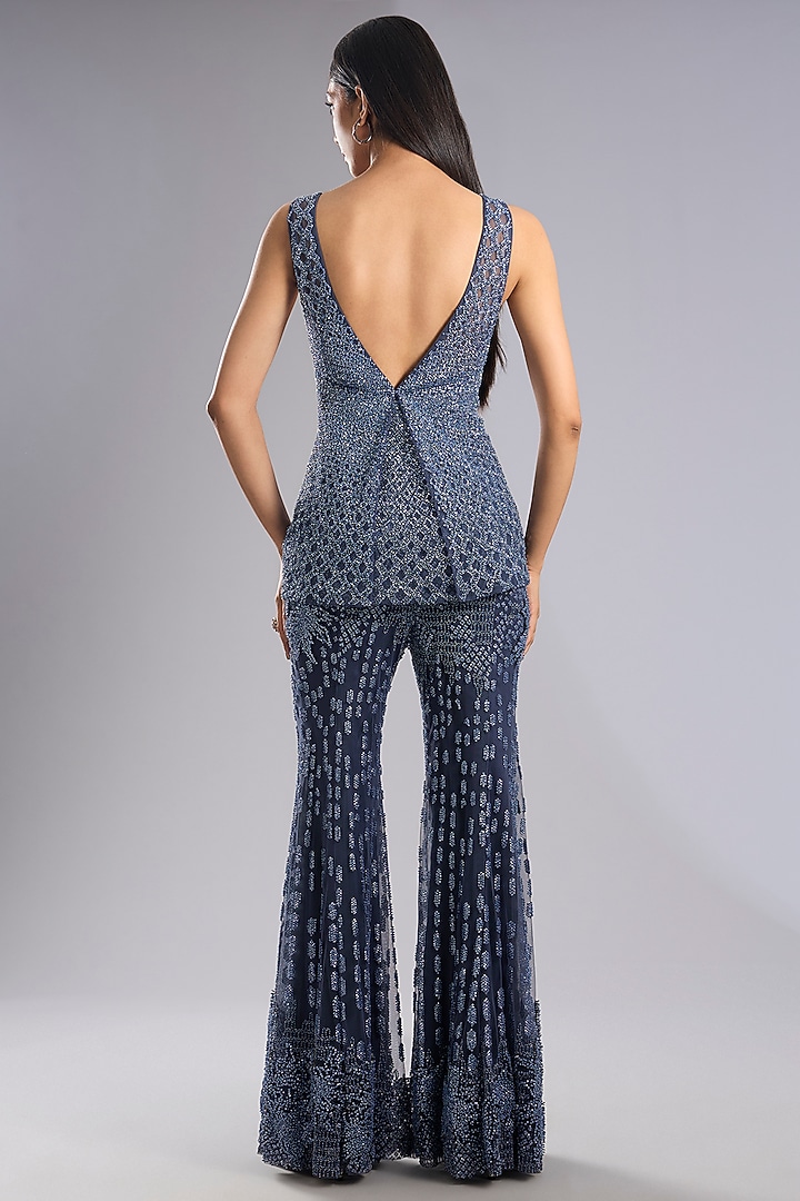 Deep Twilight Blue Tulle Embellished Jacket Set by Rohit Gandhi & Rahul Khanna at Pernia's Pop Up Shop