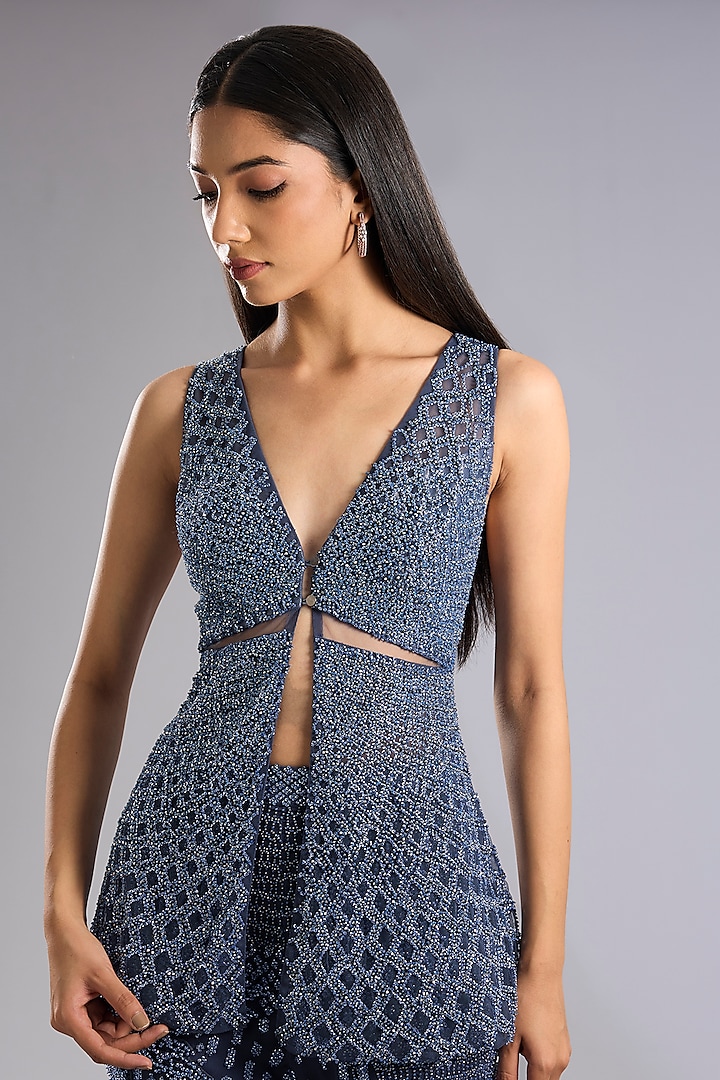 Deep Twilight Blue Tulle Embellished Jacket Set by Rohit Gandhi & Rahul Khanna at Pernia's Pop Up Shop