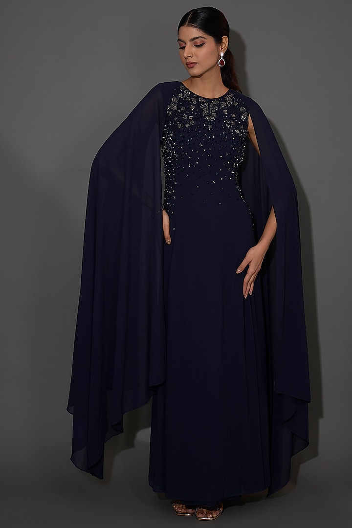 Navy Georgette Embellished Maxi Dress by Rohit Gandhi & Rahul Khanna at Pernia's Pop Up Shop