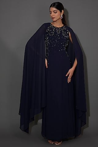 Navy Georgette Embellished Maxi Dress by Rohit Gandhi & Rahul Khanna