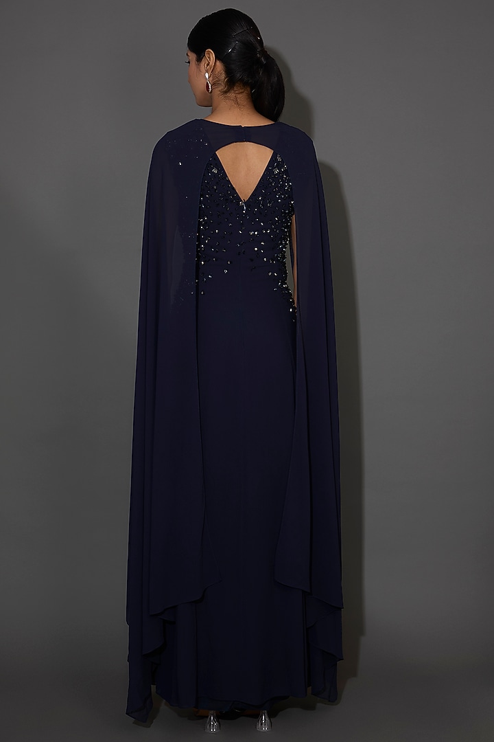 Navy Georgette Embellished Maxi Party Wear Dress by Rohit Gandhi & Rahul Khanna at Pernia's Pop Up Shop