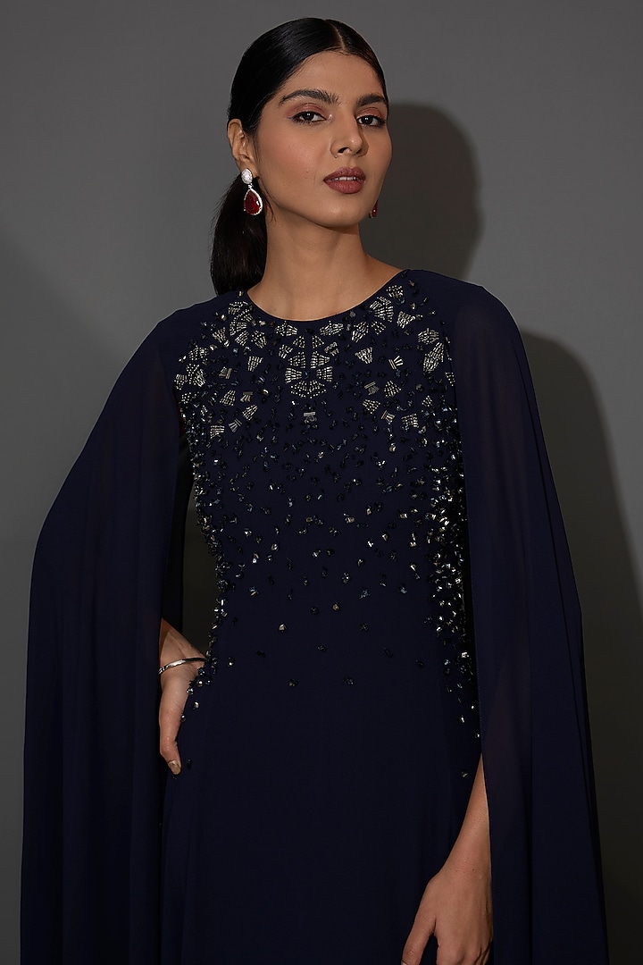 Navy Georgette Embellished Maxi Party Wear Dress by Rohit Gandhi & Rahul Khanna at Pernia's Pop Up Shop