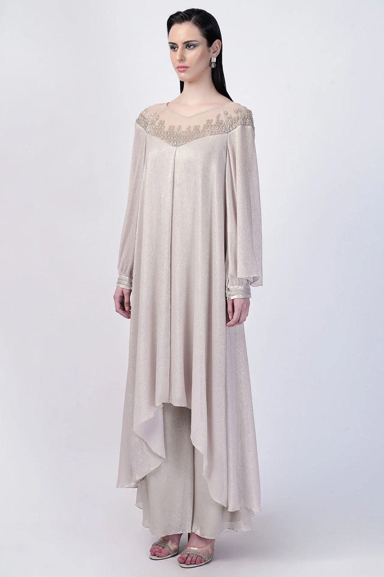 Dove Colored Shimmer Crinkle Chiffon Embroidered Tunic Set by Rohit Gandhi & Rahul Khanna at Pernia's Pop Up Shop