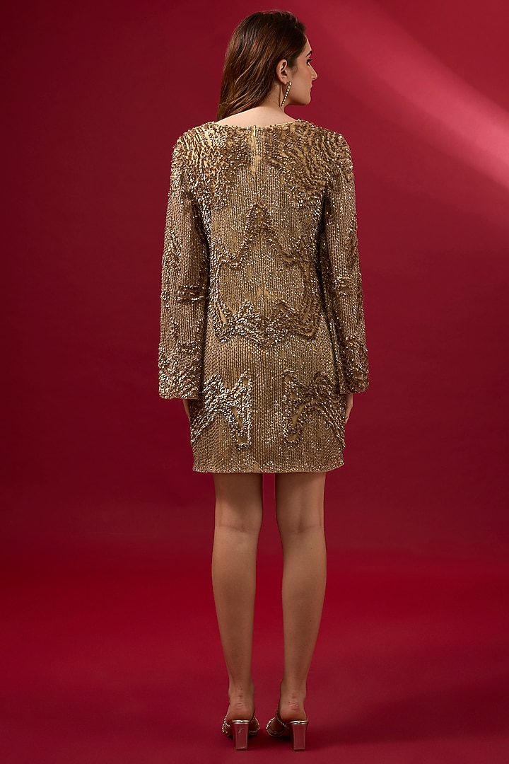 Gold Tulle Embroidered Mini Party Wear Dress by Rohit Gandhi & Rahul Khanna at Pernia's Pop Up Shop