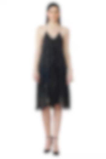 Navy Blue Tulle Sequins Embellished Midi Party Wear Dress by Rohit Gandhi & Rahul Khanna at Pernia's Pop Up Shop