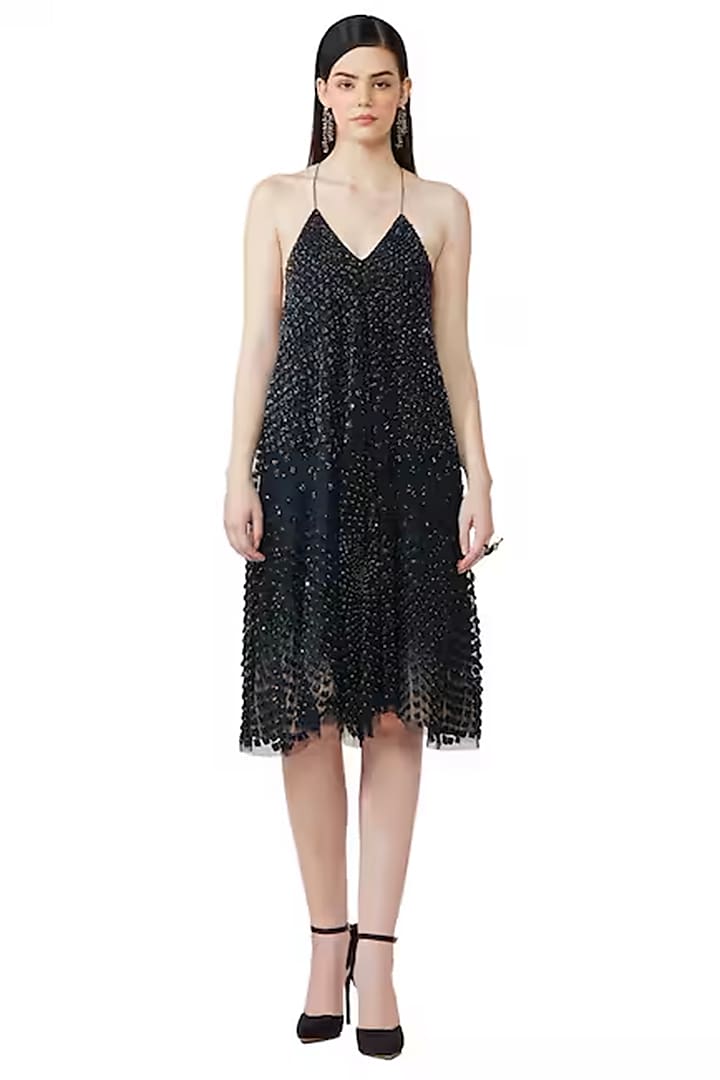 Navy Blue Tulle Sequins Embellished Midi Party Wear Dress by Rohit Gandhi & Rahul Khanna at Pernia's Pop Up Shop