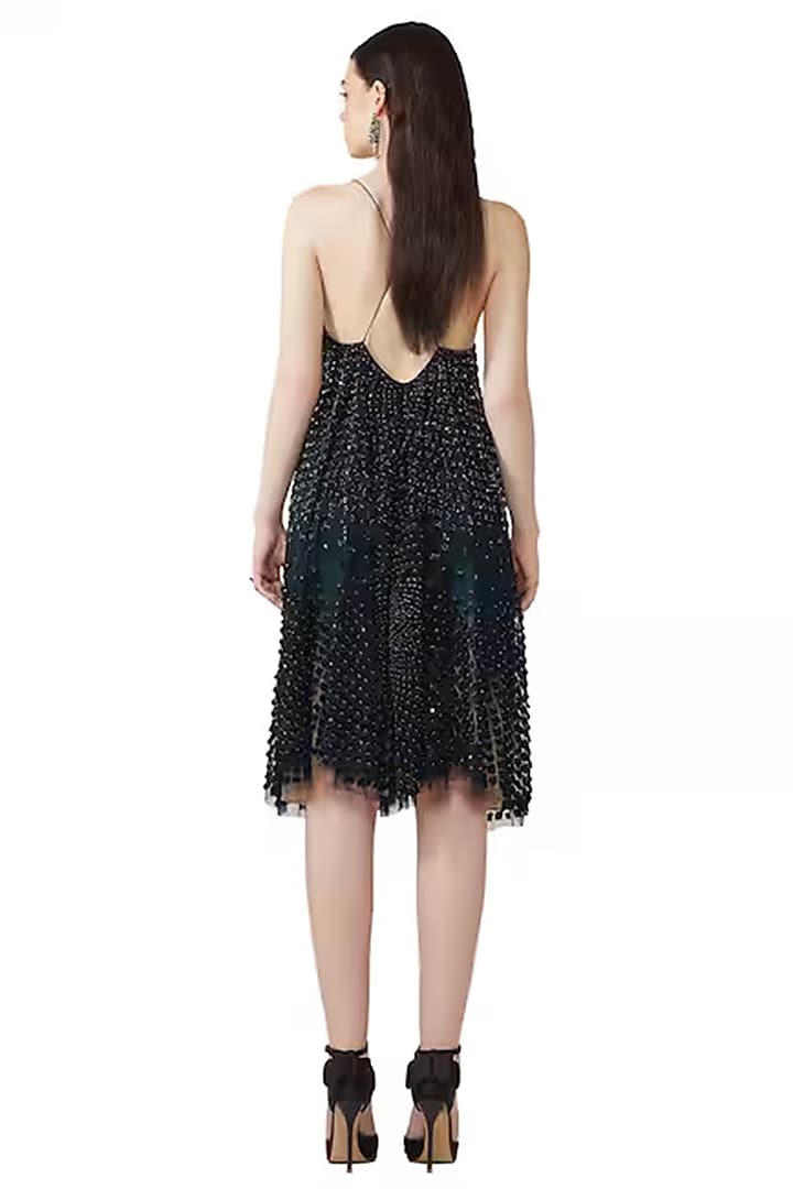 Navy Blue Tulle Sequins Embellished Midi Party Wear Dress by Rohit Gandhi & Rahul Khanna at Pernia's Pop Up Shop