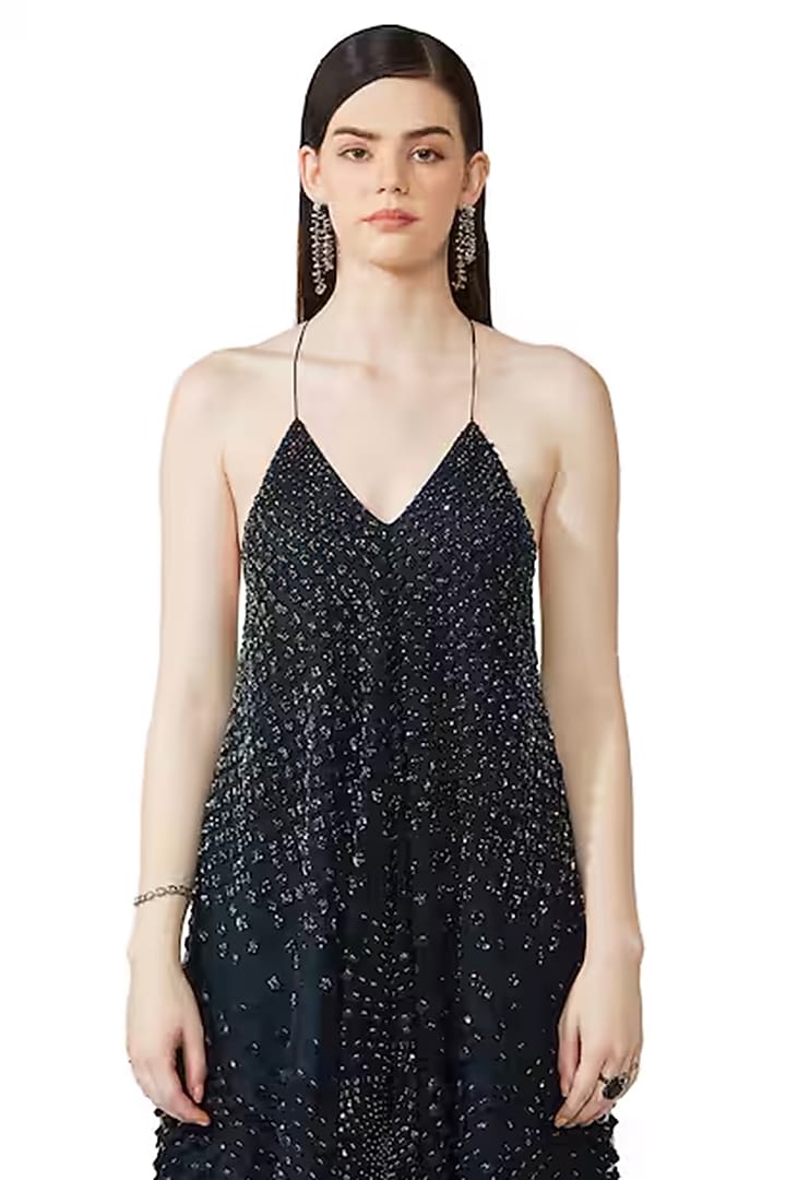 Navy Blue Tulle Sequins Embellished Midi Party Wear Dress by Rohit Gandhi & Rahul Khanna at Pernia's Pop Up Shop