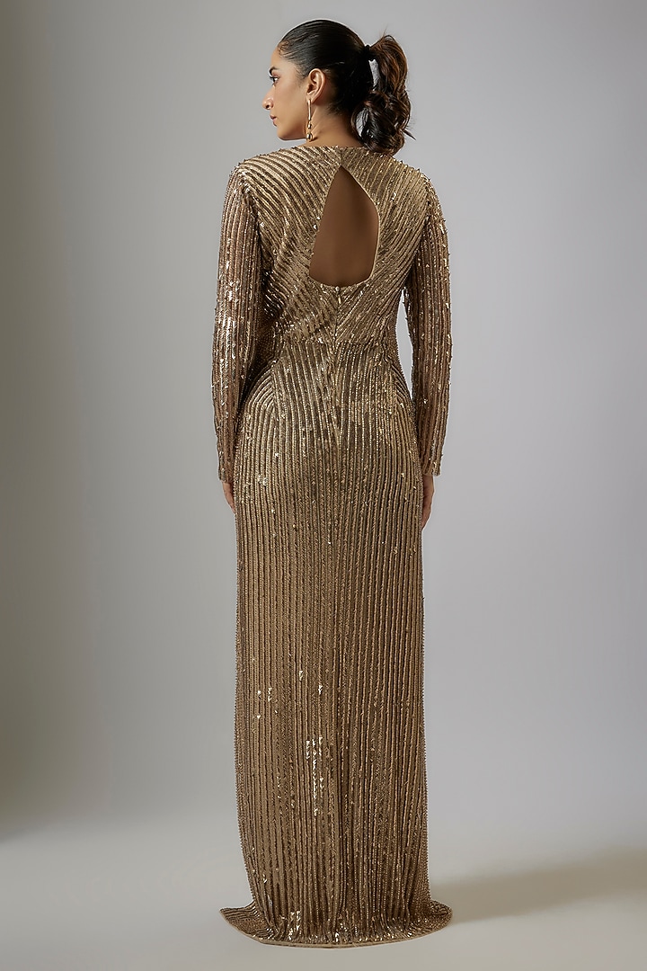 Gold Tulle Sequins Embellished Party Wear Dress by Rohit Gandhi & Rahul Khanna at Pernia's Pop Up Shop