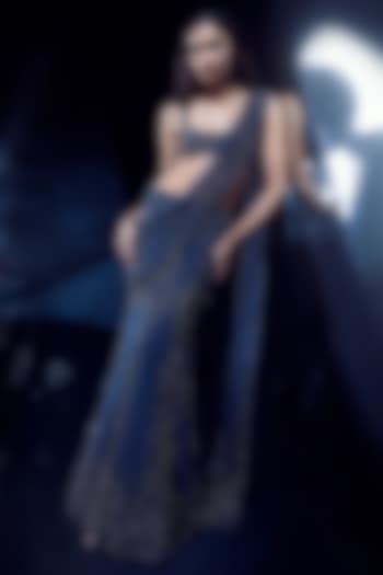 Slate Blue Tulle Sequins Embellished Pre-Draped Bridal Saree Set by Rohit Gandhi & Rahul Khanna at Pernia's Pop Up Shop