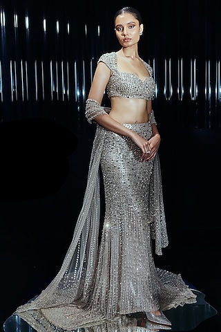 Silver Tulle & Lame Sequins Embellished Lehenga Set by Rohit Gandhi & Rahul Khanna
