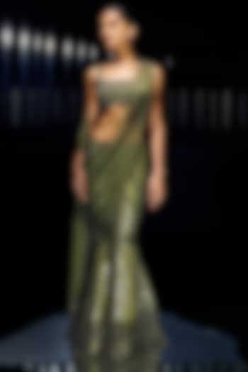 Olive Green Tulle & Lame Bead Embellished Bridal Saree Set by Rohit Gandhi & Rahul Khanna at Pernia's Pop Up Shop