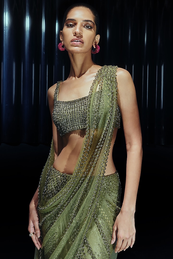 Olive Green Tulle & Lame Bead Embellished Bridal Saree Set by Rohit Gandhi & Rahul Khanna at Pernia's Pop Up Shop