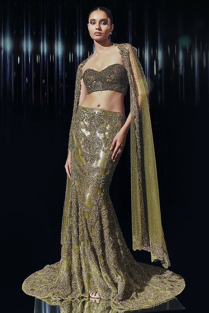 Olive Stone Tulle & Lame Embellished Bridal lehenga for 22 Lehenga Set by Rohit Gandhi & Rahul Khanna at Pernia's Pop Up Shop