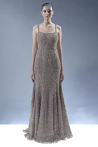 Gunmetal Tulle Hand Embellished Strappy Gown by Rohit Gandhi & Rahul Khanna