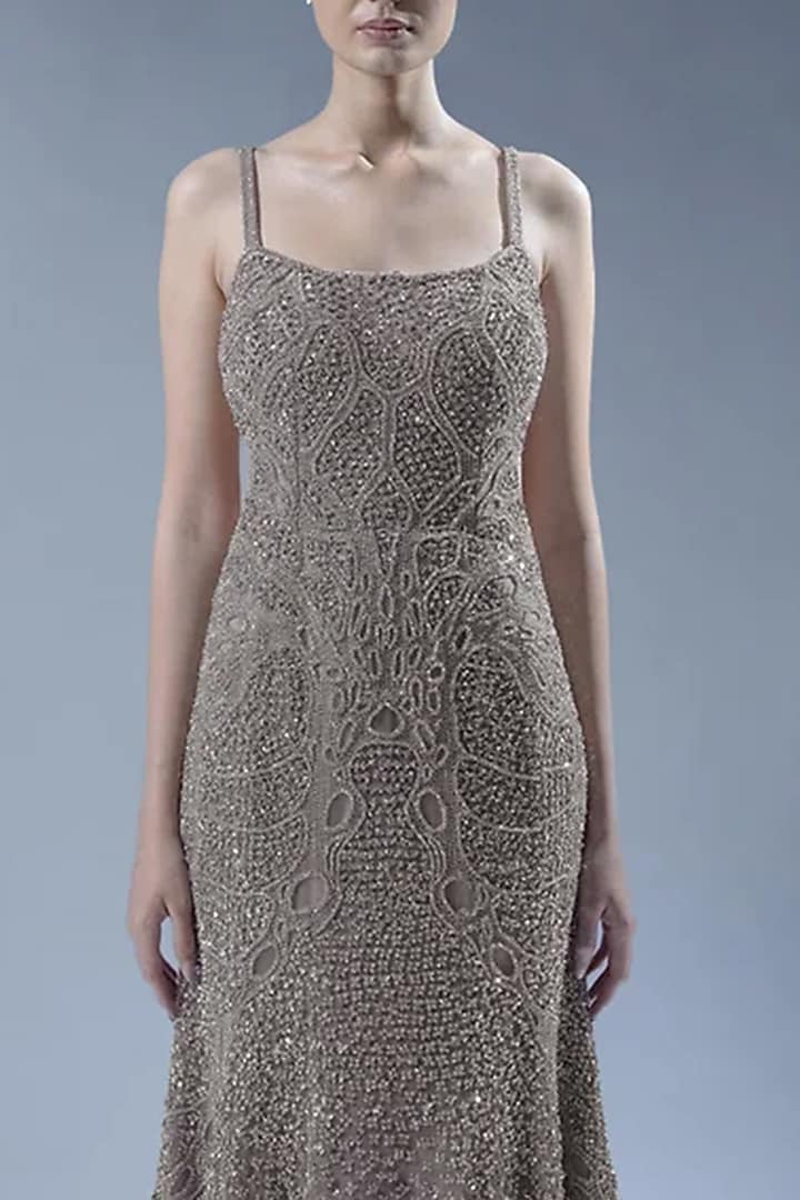 Gunmetal Tulle Hand Embellished Strappy Bridal Gown by Rohit Gandhi & Rahul Khanna at Pernia's Pop Up Shop