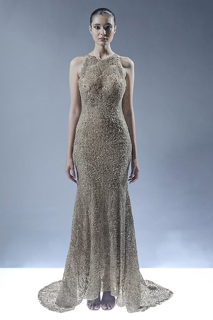 Antique Silver Tulle Sequins Embellished Mermaid Bridal Gown by Rohit Gandhi & Rahul Khanna at Pernia's Pop Up Shop