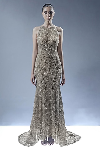 Antique Silver Tulle Sequins Embellished Mermaid Gown by Rohit Gandhi & Rahul Khanna
