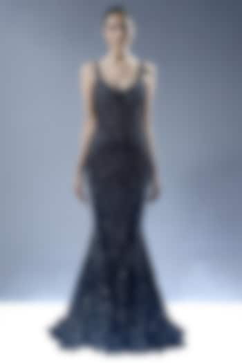 Navy Blue Tulle Hand Beaded Mermaid Bridal Gown by Rohit Gandhi & Rahul Khanna at Pernia's Pop Up Shop