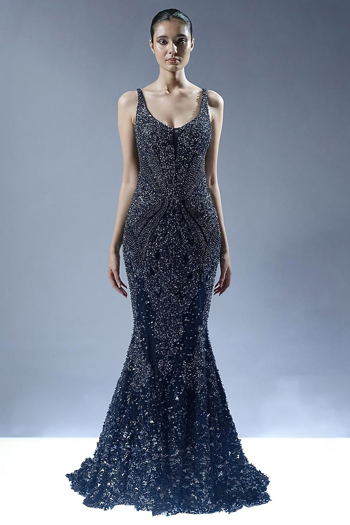Navy Blue Tulle Hand Beaded Mermaid Bridal Gown by Rohit Gandhi & Rahul Khanna at Pernia's Pop Up Shop