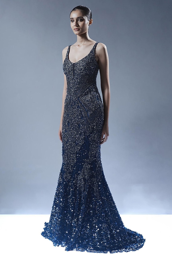 Navy Blue Tulle Hand Beaded Mermaid Bridal Gown by Rohit Gandhi & Rahul Khanna at Pernia's Pop Up Shop