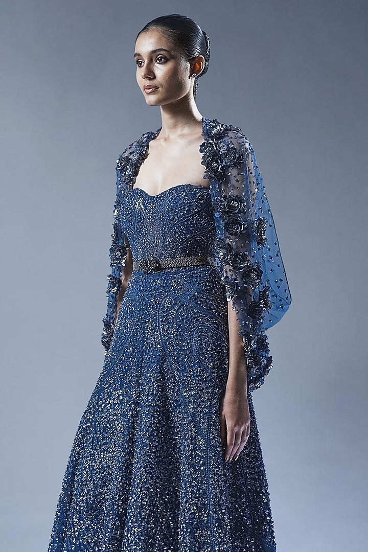Marble Blue Tulle Sequins Embellished Corset Bridal Gown by Rohit Gandhi & Rahul Khanna at Pernia's Pop Up Shop