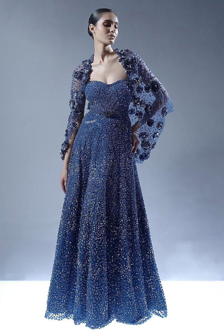 Marble Blue Tulle Sequins Embellished Corset Bridal Gown by Rohit Gandhi & Rahul Khanna at Pernia's Pop Up Shop
