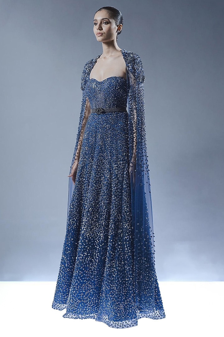 Sapphire Blue Tulle Beads Embellished Bridal Gown by Rohit Gandhi & Rahul Khanna at Pernia's Pop Up Shop