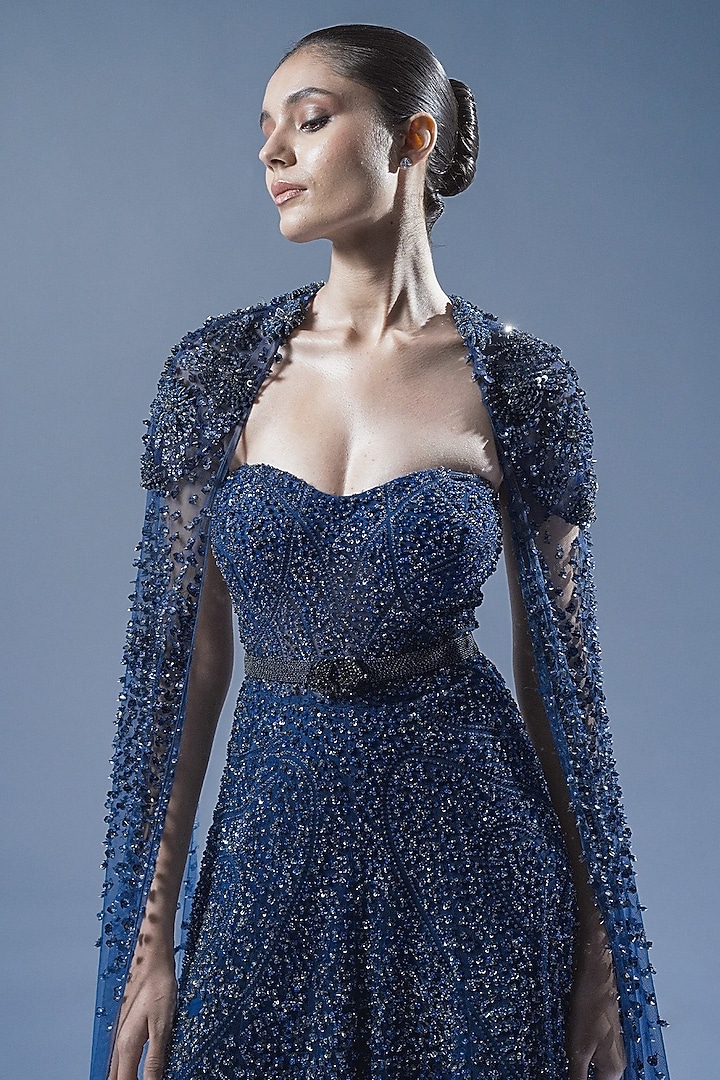Sapphire Blue Tulle Beads Embellished Bridal Gown by Rohit Gandhi & Rahul Khanna at Pernia's Pop Up Shop