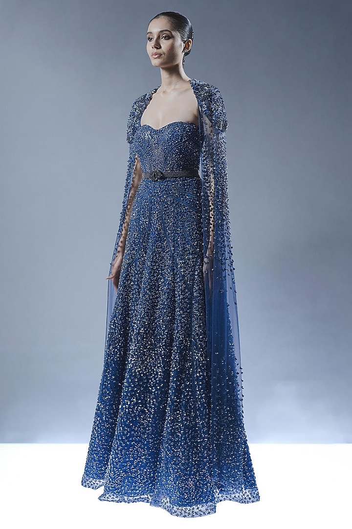Sapphire Blue Tulle Beads Embellished Bridal Gown by Rohit Gandhi & Rahul Khanna at Pernia's Pop Up Shop