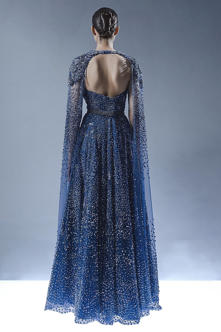 Sapphire Blue Tulle Beads Embellished Bridal Gown by Rohit Gandhi & Rahul Khanna at Pernia's Pop Up Shop
