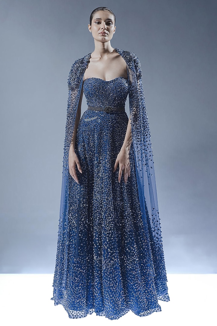 Sapphire Blue Tulle Beads Embellished Bridal Gown by Rohit Gandhi & Rahul Khanna at Pernia's Pop Up Shop