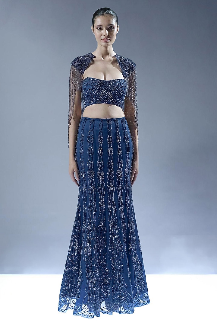 Blue Marble Tulle Sequins Embellished Mermaid Bridal Lehenga Set by Rohit Gandhi & Rahul Khanna at Pernia's Pop Up Shop