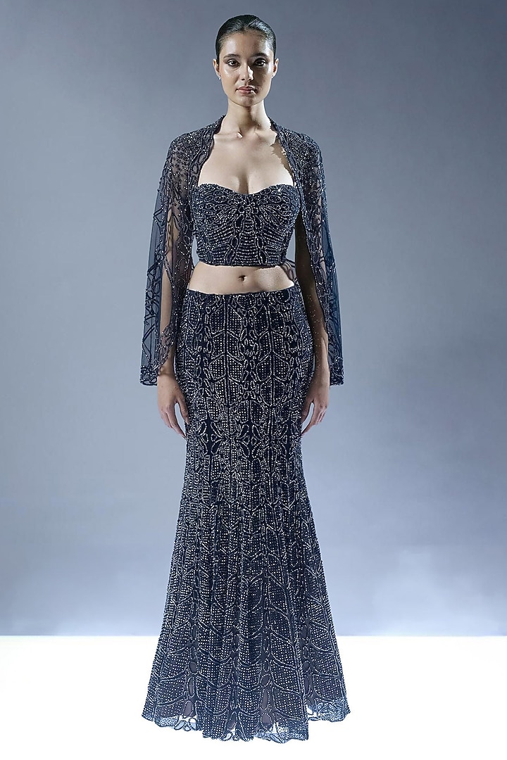 Navy Blue Tulle Embellished Bridal Lehenga Set by Rohit Gandhi & Rahul Khanna at Pernia's Pop Up Shop