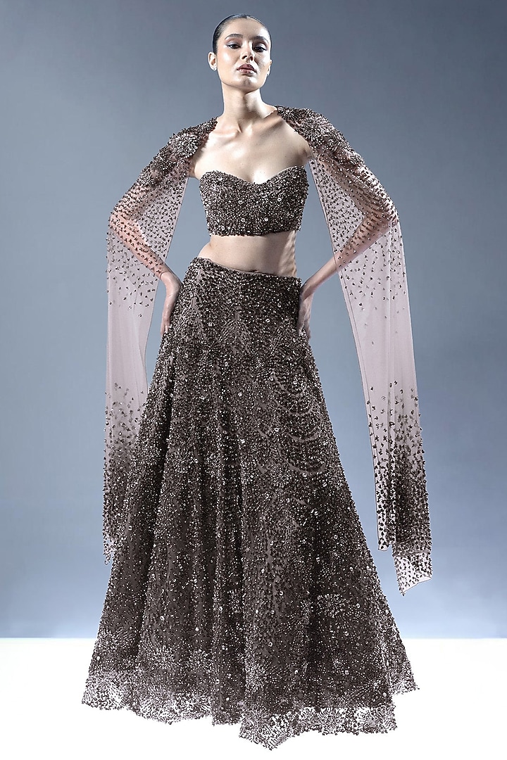 Gunmetal Tulle Beads Embellished Bridal Lehenga Set by Rohit Gandhi & Rahul Khanna at Pernia's Pop Up Shop