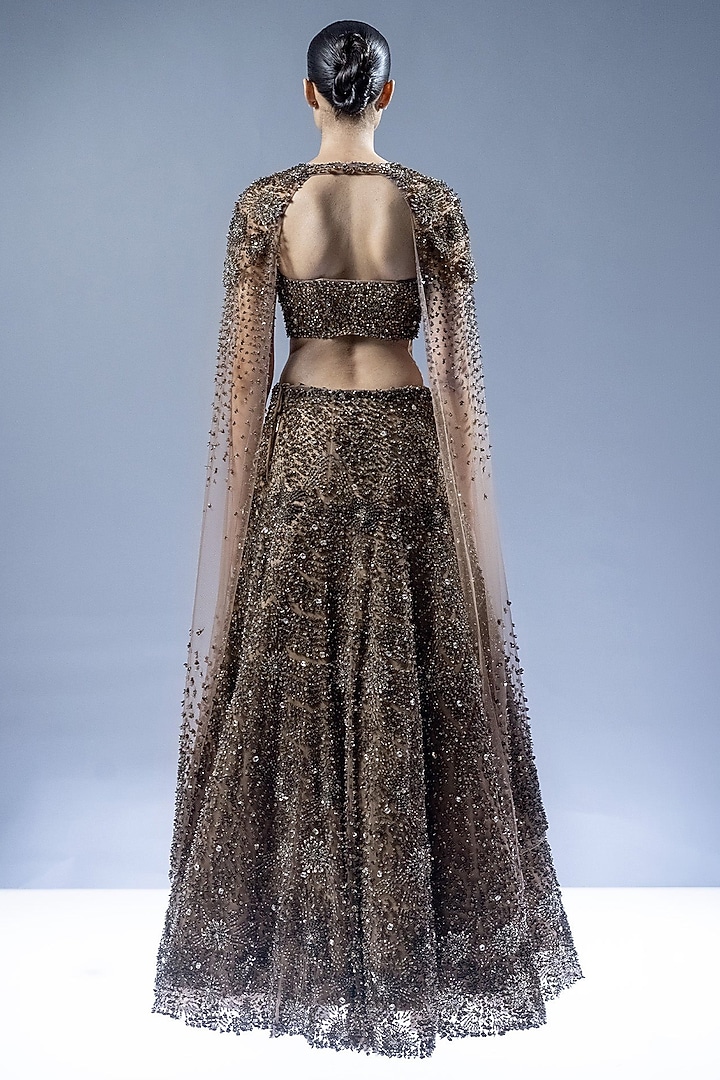 Gunmetal Tulle Beads Embellished Bridal Lehenga Set by Rohit Gandhi & Rahul Khanna at Pernia's Pop Up Shop