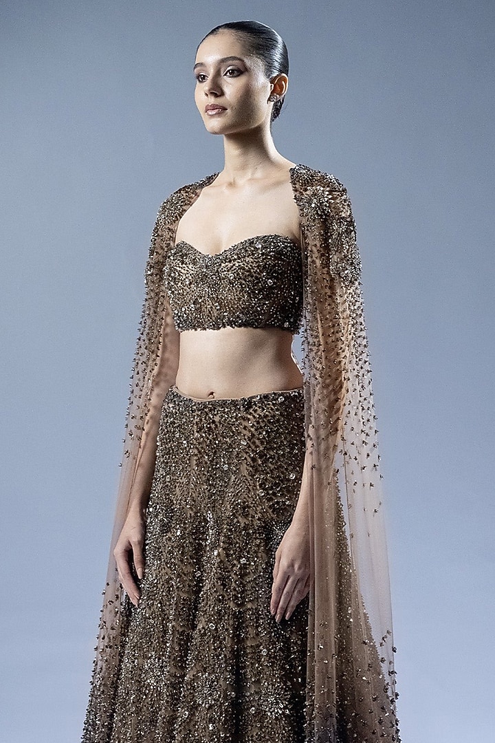Gunmetal Tulle Beads Embellished Bridal Lehenga Set by Rohit Gandhi & Rahul Khanna at Pernia's Pop Up Shop