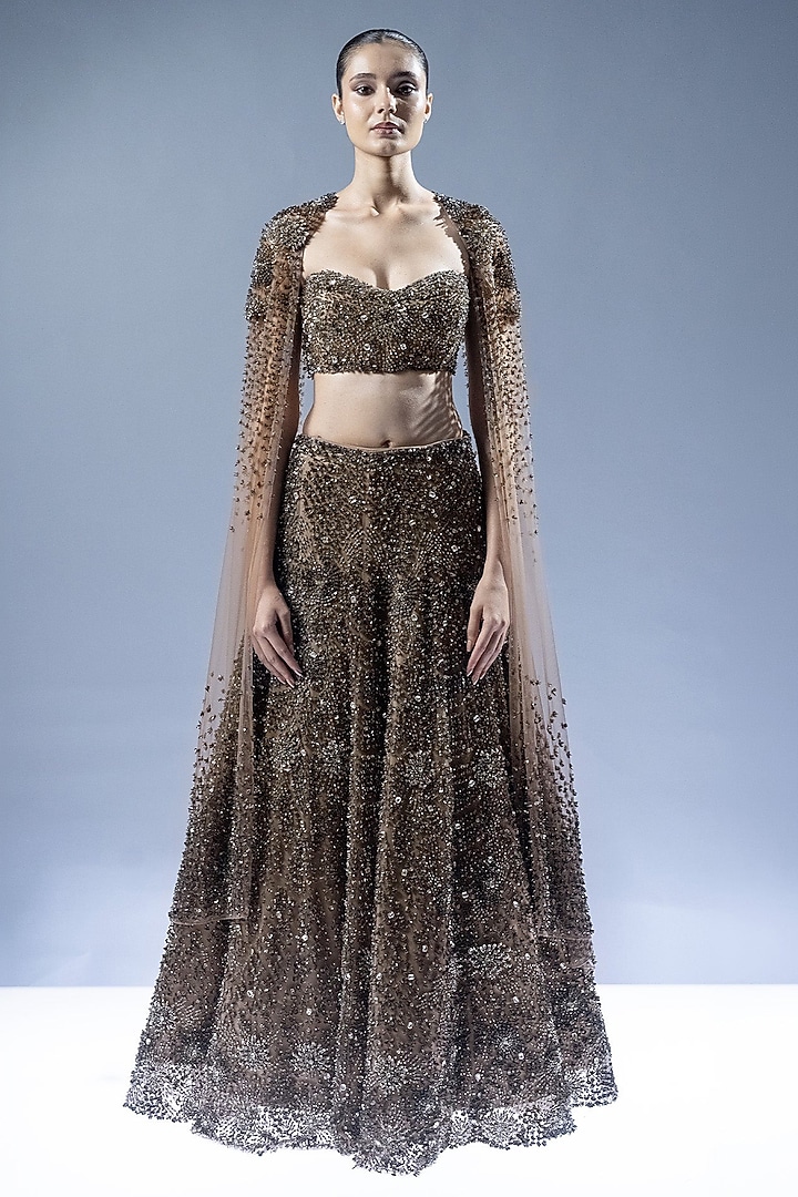 Gunmetal Tulle Beads Embellished Bridal Lehenga Set by Rohit Gandhi & Rahul Khanna at Pernia's Pop Up Shop