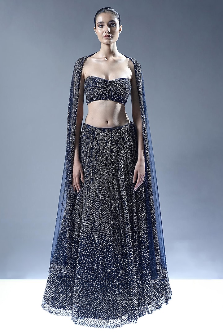 Midnight Black Tulle Beads Embellished Bridal Lehenga Set by Rohit Gandhi & Rahul Khanna at Pernia's Pop Up Shop