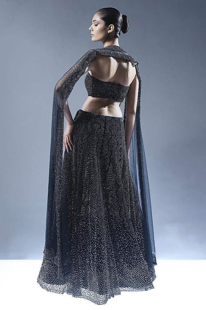 Midnight Black Tulle Beads Embellished Bridal Lehenga Set by Rohit Gandhi & Rahul Khanna at Pernia's Pop Up Shop