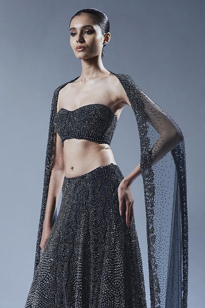 Midnight Black Tulle Beads Embellished Bridal Lehenga Set by Rohit Gandhi & Rahul Khanna at Pernia's Pop Up Shop